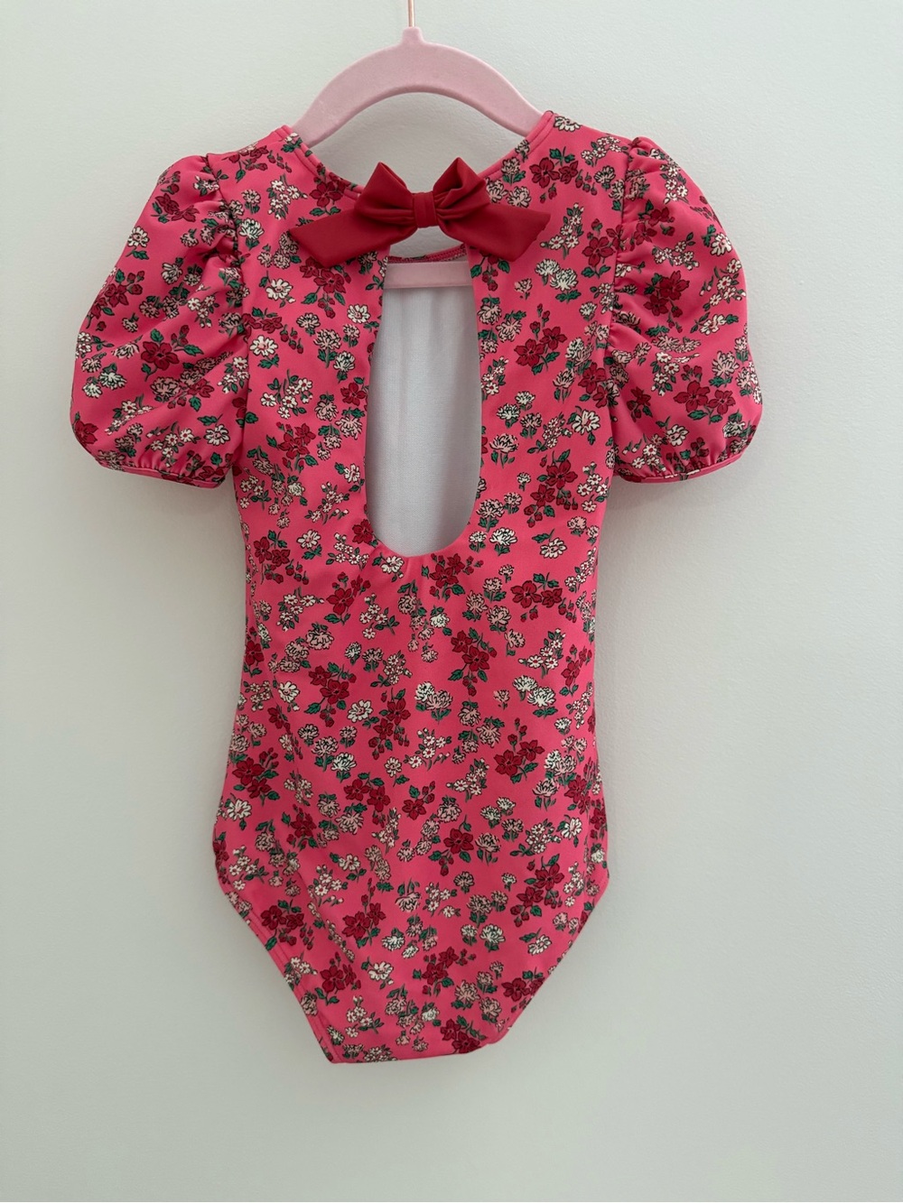 Mini Boden Girls' Pink Floral One-Piece Swimsuit with Puff Sleeves Size 5/6 - Picture 2 of 4